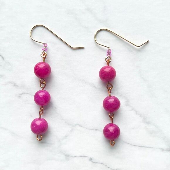 Handmade Jewelry - Fuschia Pink Round Marble Stone Bead Dangle Drop Earrings